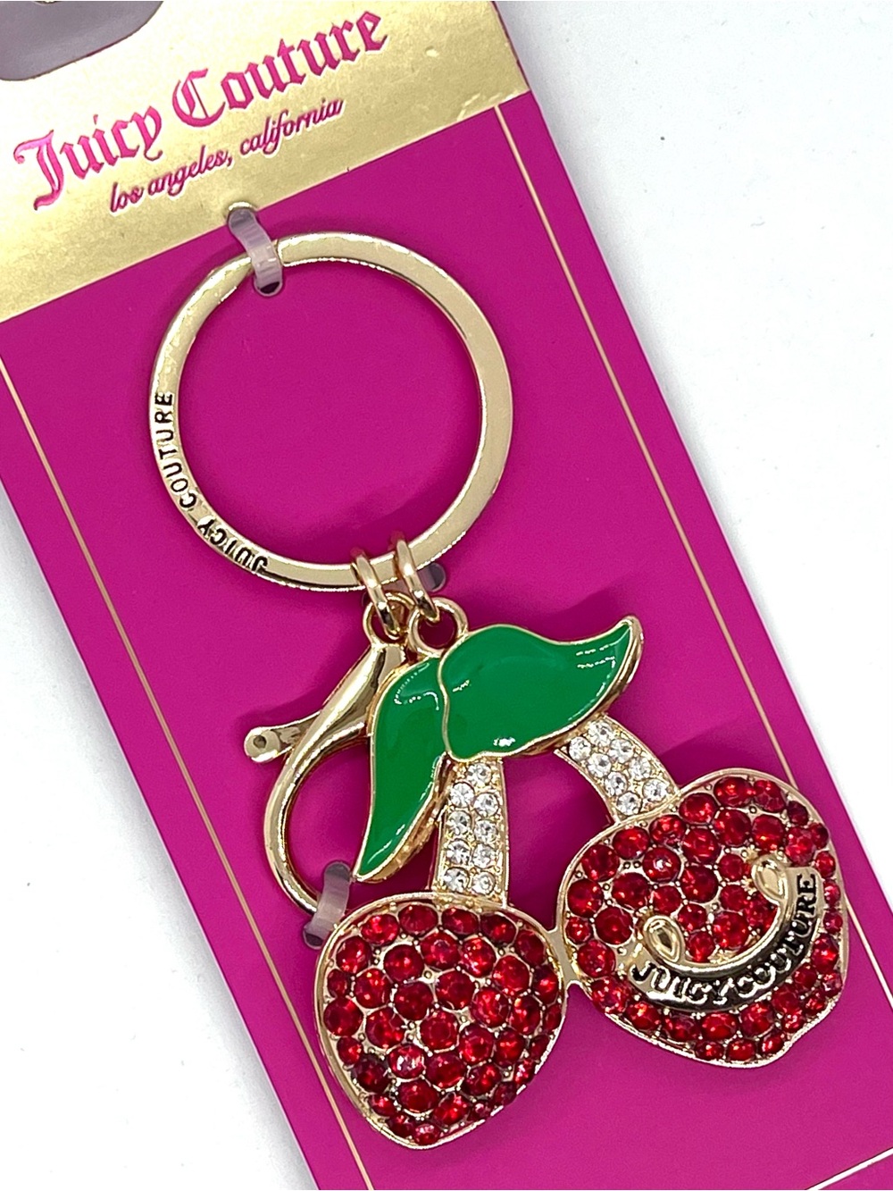 Juicy Couture Cherry Rhinestone Gold Tone Keychain Bag Charm NWT